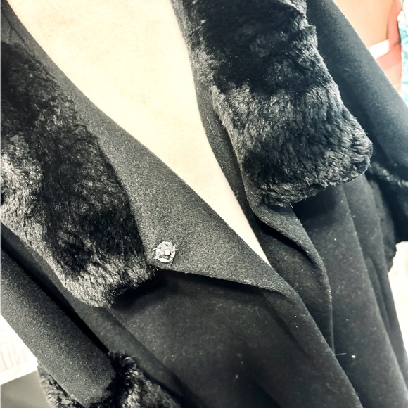 Vintage Retro 1960s wool swing black coat midi, fur, 3/4 sleeves open front-M - Picture 8 of 12